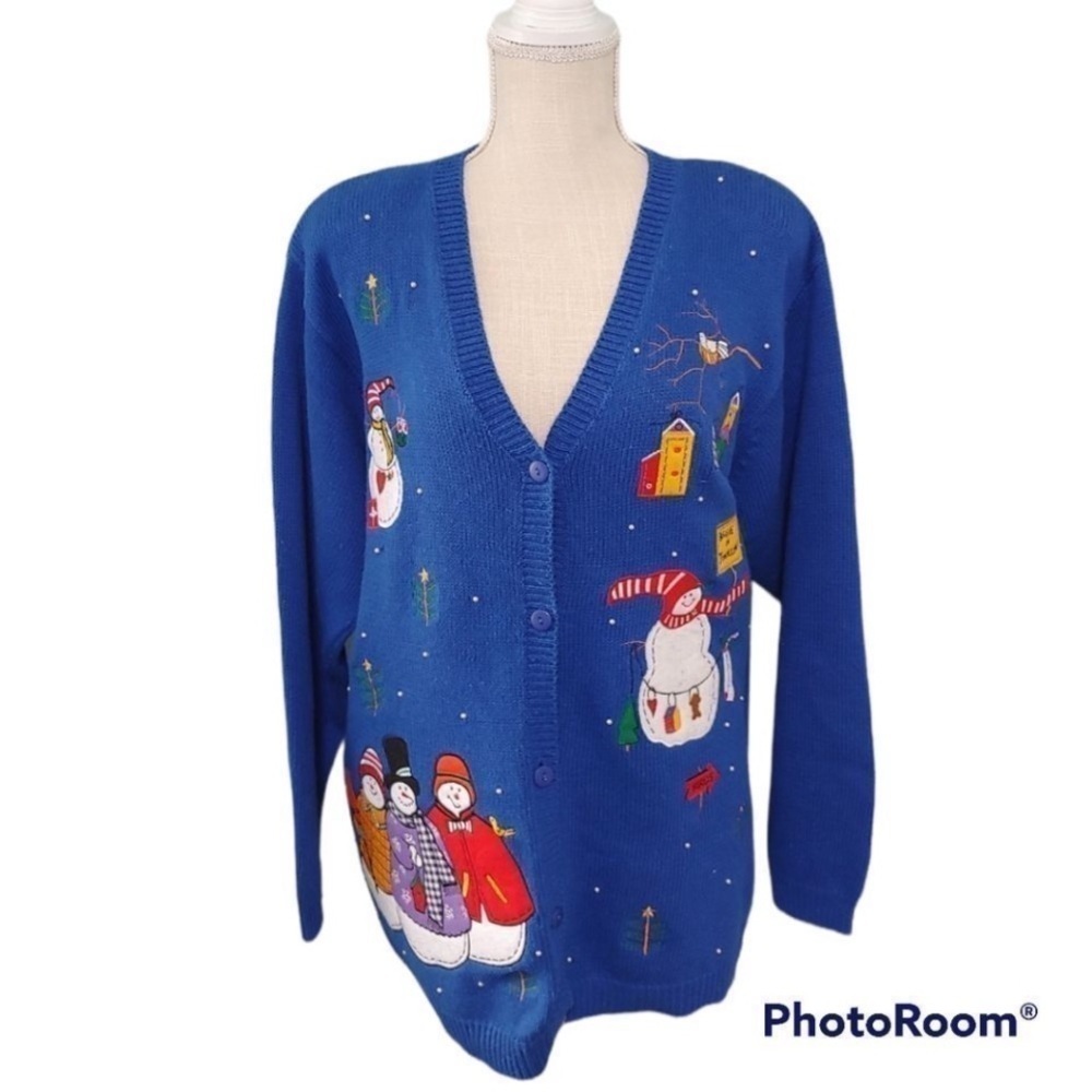 Quacker Factory Fun Holiday Royal blue snowmen party whimsical cardigan sweater